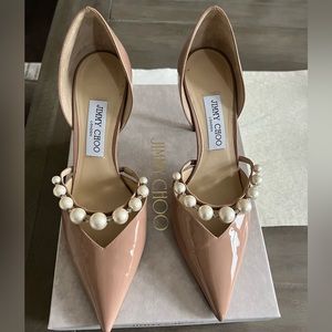 Jimmy Choo Aurelie 85 nude Patent  womens pump shoes size 40 With Pearls.